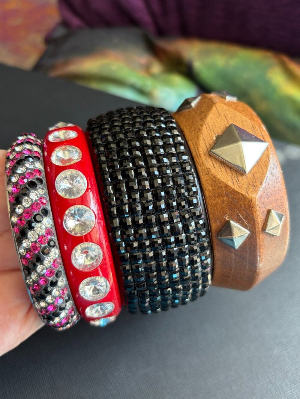 Lot of 4 Fun Chunky Bangles Bracelets - Metal w Rhinestones, Plastic & Wood